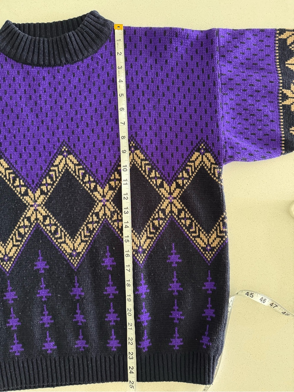 Vtg 80s 90s Knit Sweater Purple Diamond Geometric Crewneck Pullover 23.5x24.75 - Picture 7 of 9